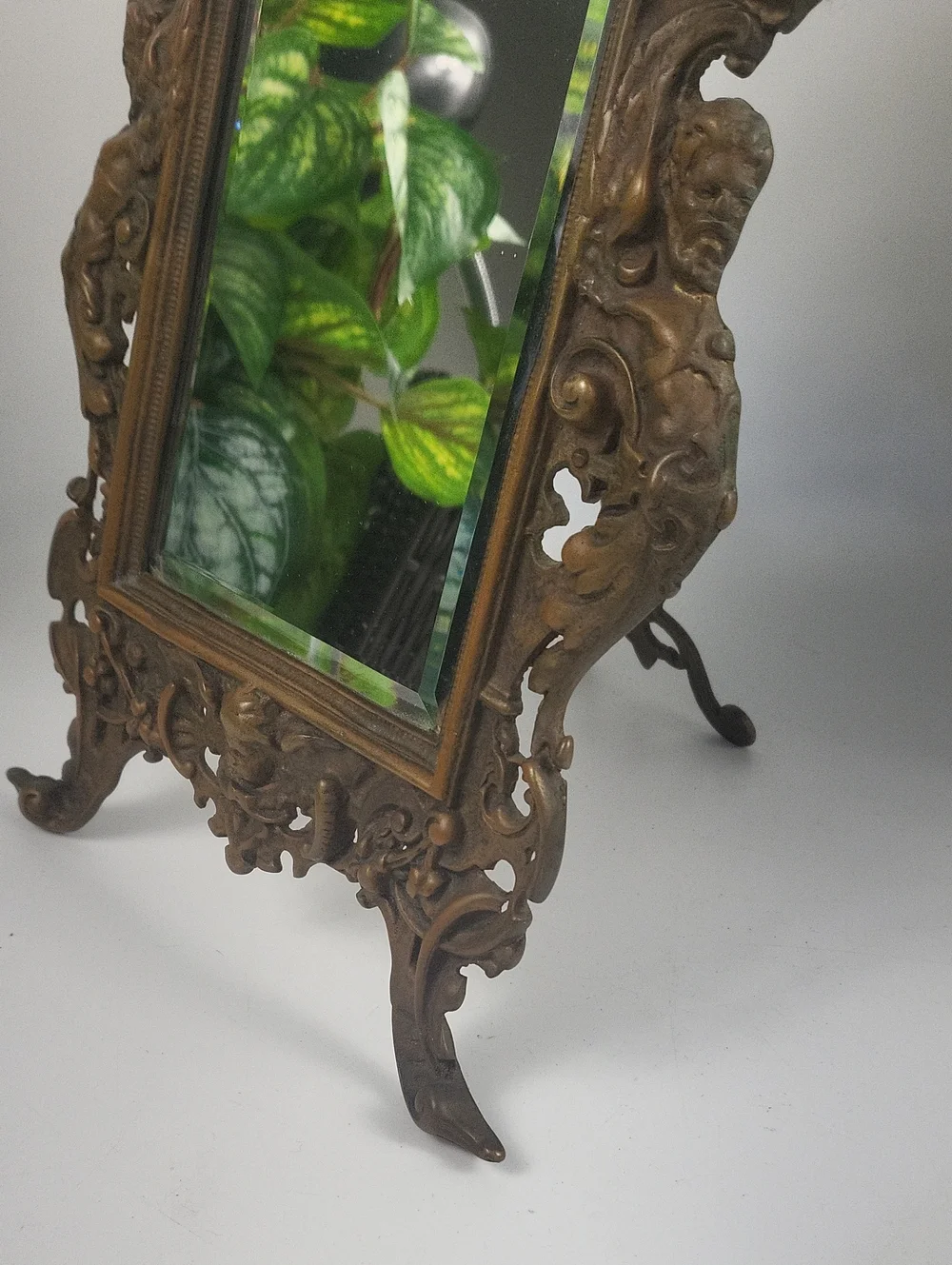 Antique Brass Mirror w/Easel- Late 19th Century High Relief Bacchus Mask Baroque